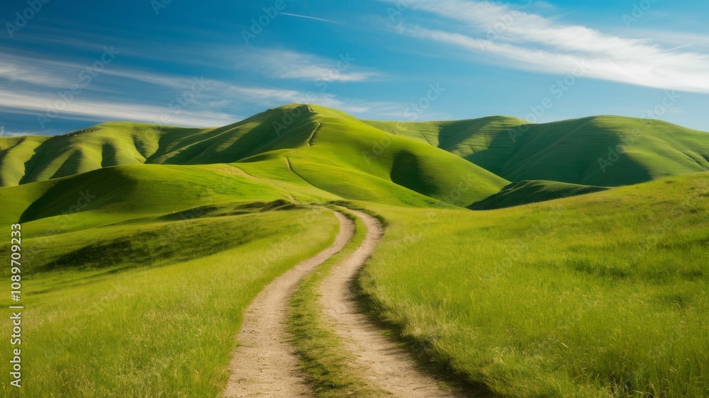 Fototapeta premium Winding Road Through Verdant Hills: A picturesque dirt road snakes its way through rolling green hills, bathed in the golden glow of a clear blue sky.