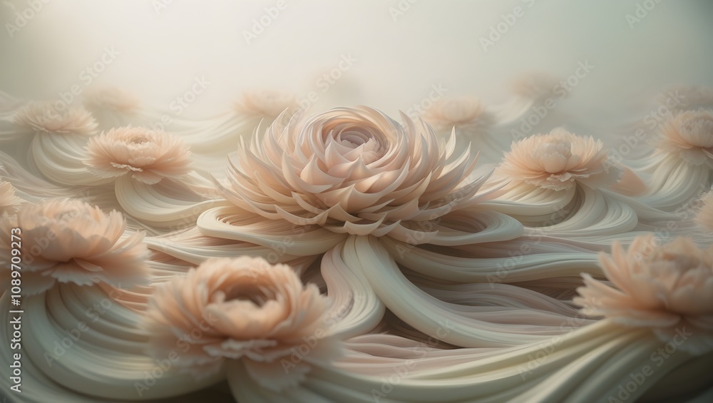 Obraz premium whimsical floral background with swirling waves and misty pastel tones