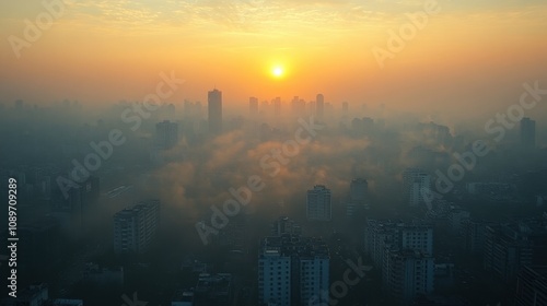 A view of a busy city from a distance, completely covered in smog, the skyline and streets barely distinguishable in the dense haze, with the sun barely visible in the polluted sky photo