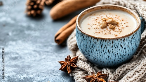 A warm cup of chai tea with a cinnamon stick, in a cozy winter café