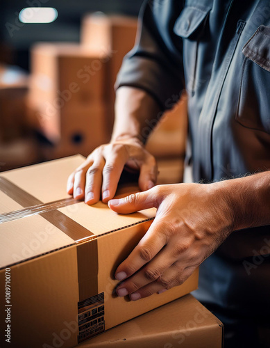 Close-up of warehouse workers preparing a shipment in a large industrial facility, teamwork and logistics concept photo