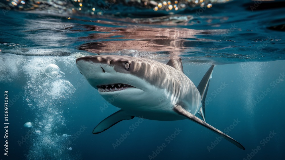 Fototapeta premium Underwater Majesty: A powerful great white shark glides effortlessly through the clear blue depths, its sleek form and piercing gaze captivating the viewer. The water's surface shimmers above.