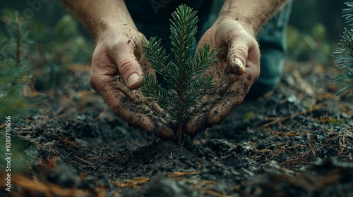 Hands surrounded by rich soil gently form around a young tree seedling, demonstrating the intimate relationship between humans and nature in nurturing new life. photo