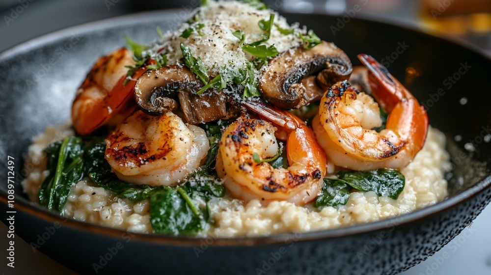 Grilled shrimp and mushroom risotto with spinach in a black bowl. Grilled shrimp and mushroom risotto with spinach in a black bowl.