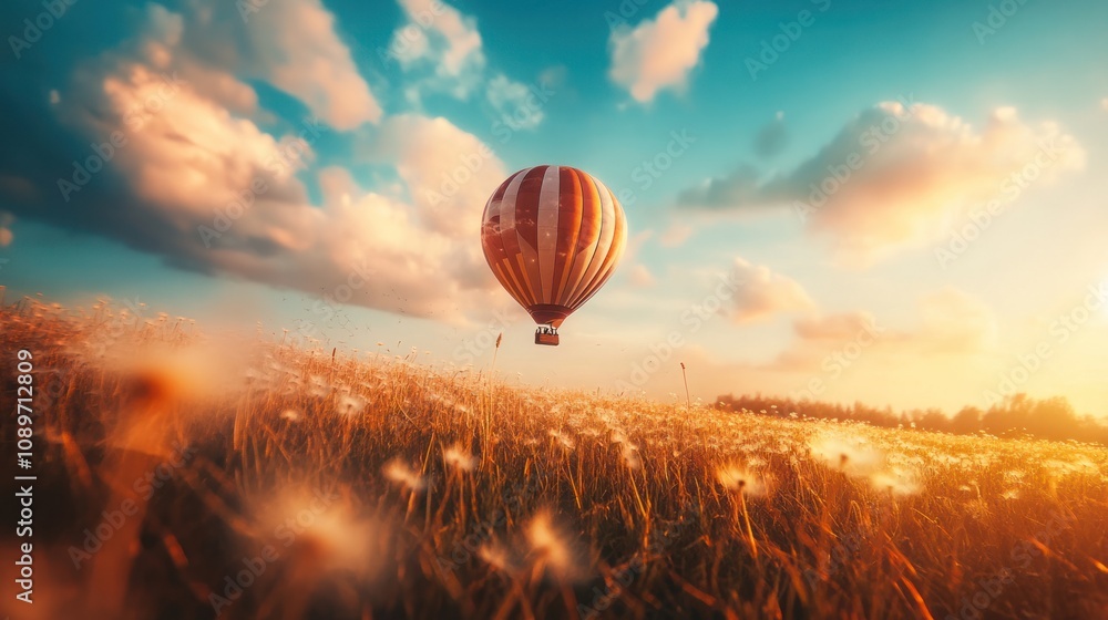 Obraz premium Striped Hot Air Balloon Over a Golden Meadow at Sunset with Stunning Clouds and Warm Light