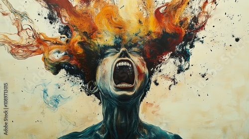 Abstract representation of a mind tormented by mockery and laughter in a dramatic emotional outburst