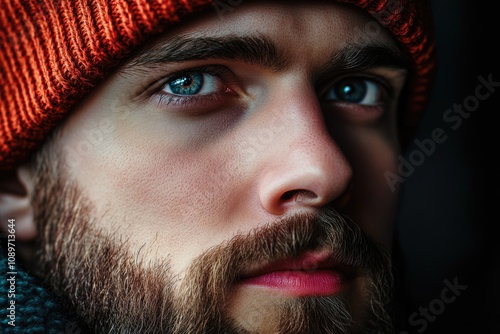 Stylish Man Sportin' a Knit Beanie, Captivating Look with Beard and Charismatic Smile photo