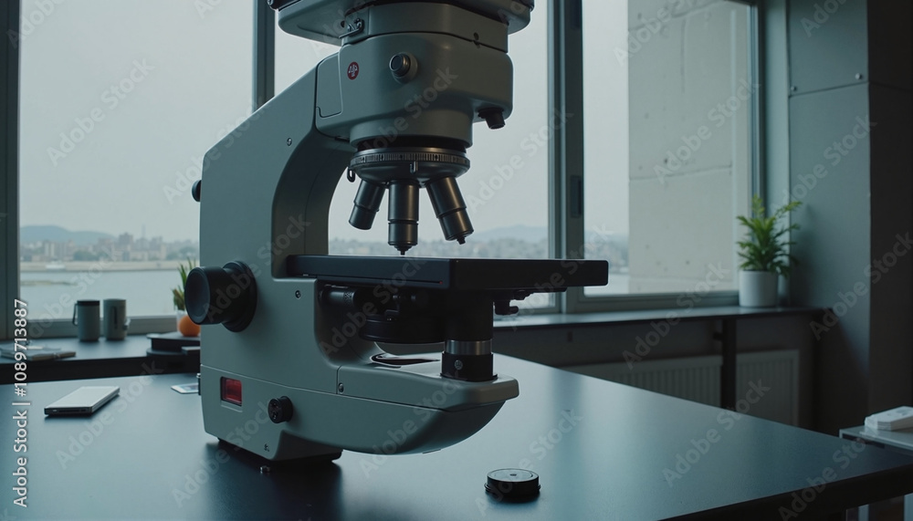 Close-up of laboratory microscope, modern design, set in research environment with scenic view, scientific concept Close-up of laboratory microscope, modern design, set in research environment with scenic view, scientific concept