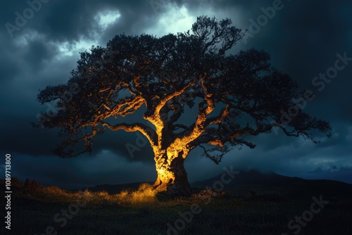 Dramatic Illumination of an Ancient Tree Beneath Dark Thunderclouds on Pico Island, Azores, Portugal photo