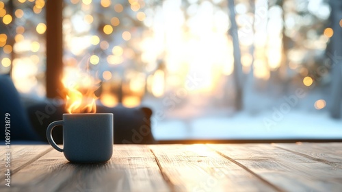 Steaming Mug on Wooden Table - Winter Sunrise