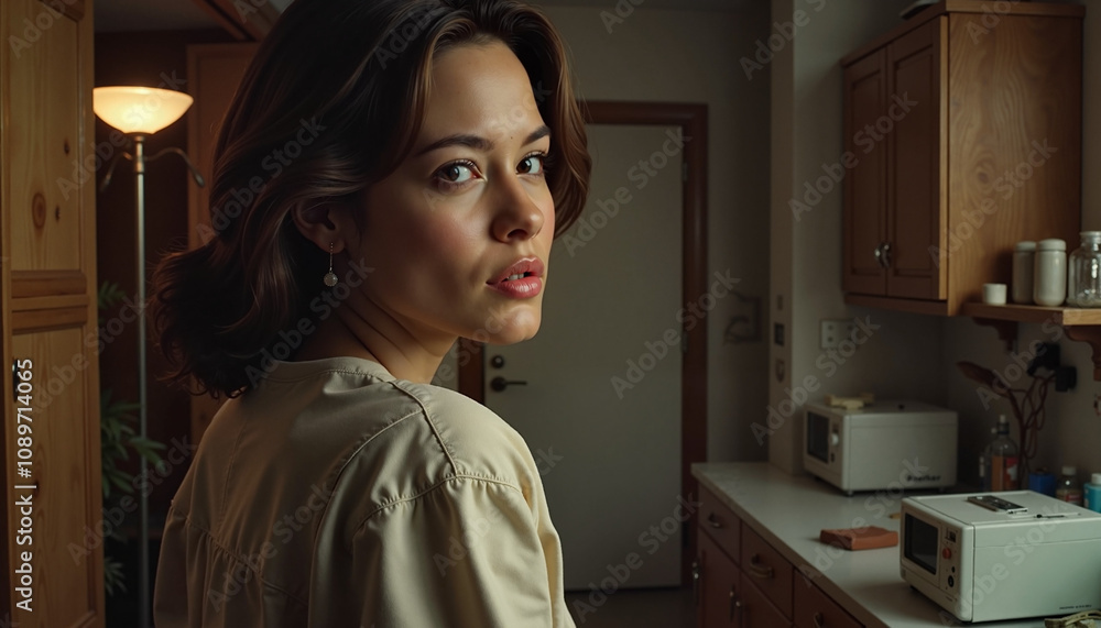 Young woman looking back over shoulder in cozy kitchen environment with warm lighting Young woman looking back over shoulder in cozy kitchen environment with warm lighting