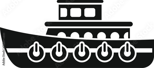 Small tug boat navigating on calm water, minimalist black and white icon of a ship sailing the sea
