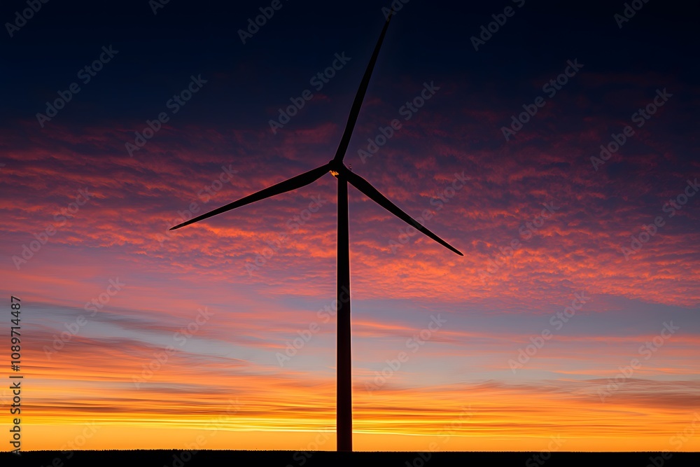 Obraz premium Wind turbine silhouetted against the setting sun, creating a striking contrast between renewable energy and a breathtaking natural sunset, symbolising sustainability and environmental harmony