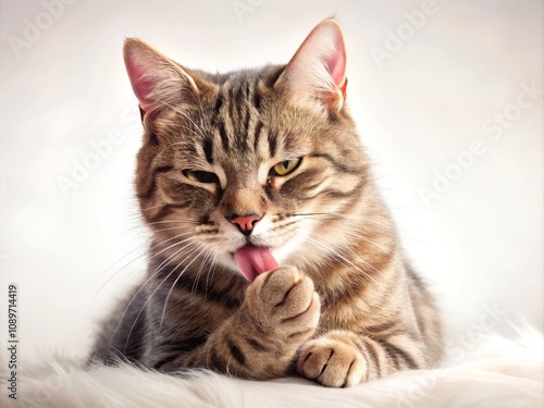 Adorable Cat Comfortably Relaxing While Licking Its Paw in a Soothing and Serene Setting on a Clean White Background