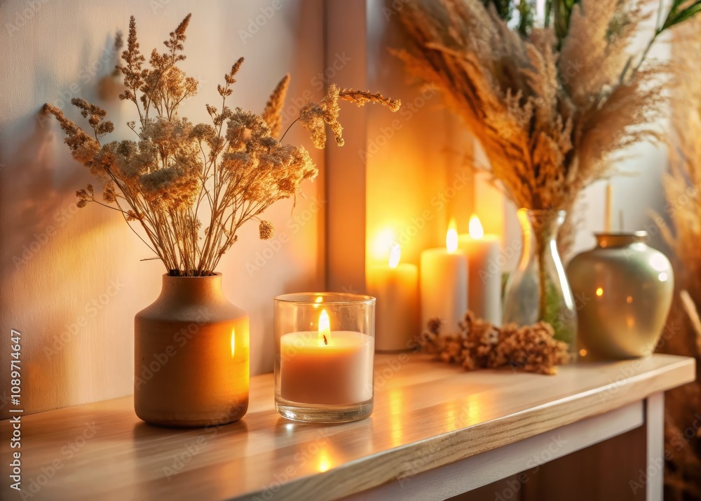 Soft Candlelight and Dried Flowers Create a Cozy Scandinavian Interior, Emphasizing Minimalistic Aesthetics and Natural Elements for Tranquil Spaces Soft Candlelight and Dried Flowers Create a Cozy Scandinavian Interior, Emphasizing Minimalistic Aesthetics and Natural Elements for Tranquil Spaces
