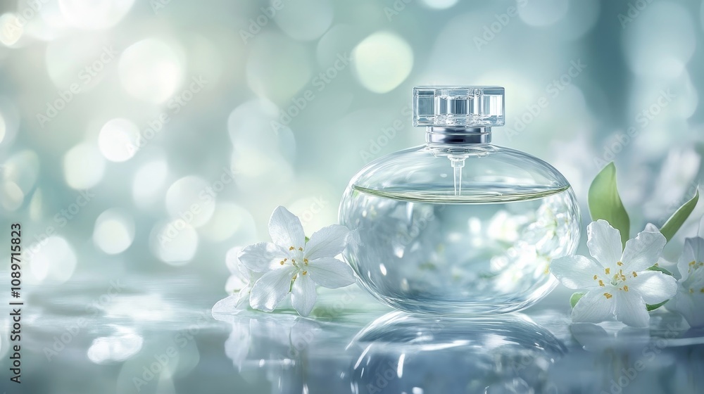 A bottle of perfume is placed on a table next to a bunch of white flowers A bottle of perfume is placed on a table next to a bunch of white flowers