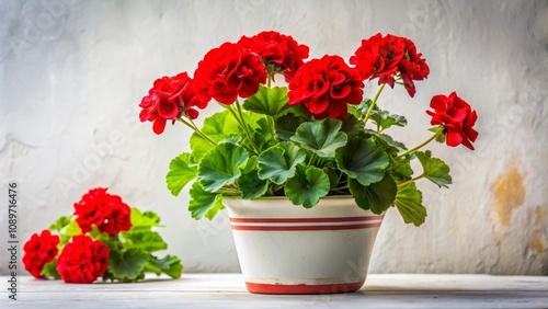 Elegant Potted Geranium with Vibrant Red Flowers Set Against a Bright White Background Perfect for Home Decor and Nature Enthusiasts