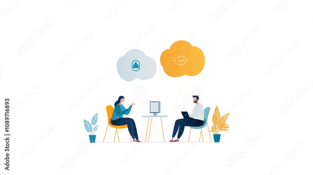Two people are sitting at a table, one of them is talking to the other Two people are sitting at a table, one of them is talking to the other