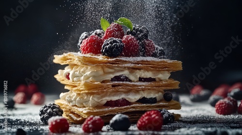 Suspended mille-feuille layers with floating puff pastry and swirling vanilla cream, fresh berries cascading, captured in dramatic 8K food photography on a black background. photo