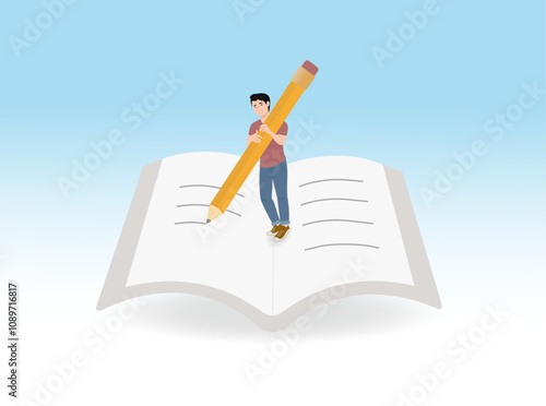 task notes, writing a book, writing down activities by hand, reminders, punctuating the steps, an employee with a pencil writing down notes in a notebook. vector illustration