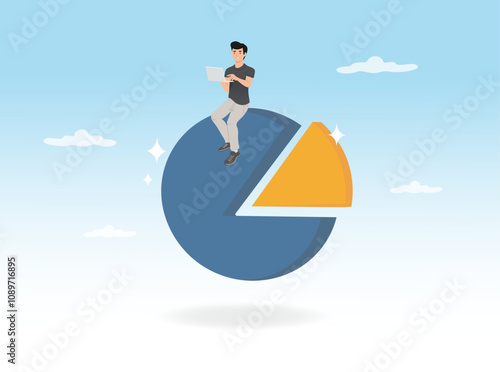 focus on results, systems developer, project team leadership, presentation with graphs, employee with the computer sitting on the graph. vector illustration