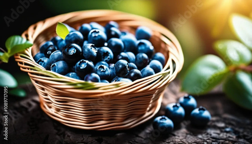 Blueberries in a wicker basket. Close up. 