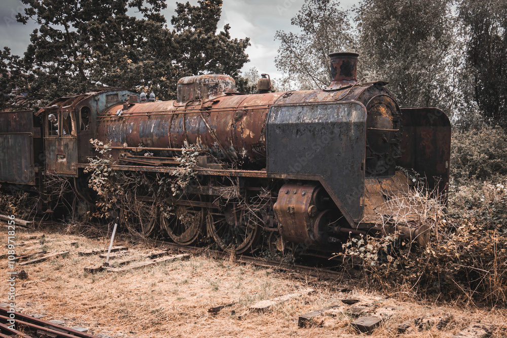 Fototapeta premium Abandoned rusty steam locomotive train