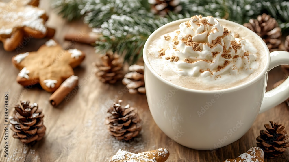 A warm cup of gingerbread latte topped with whipped cream, in a cozy winter café A warm cup of gingerbread latte topped with whipped cream, in a cozy winter café