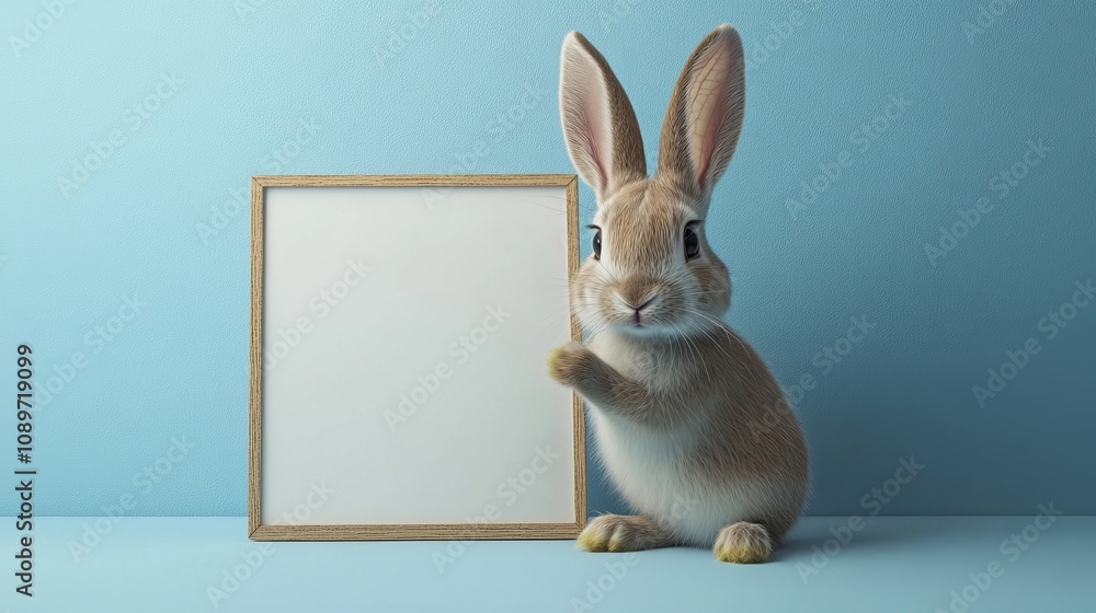 A rabbit stands in front of a white frame, holding it up as if to say something A rabbit stands in front of a white frame, holding it up as if to say something