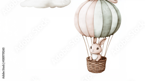 Cute bunny flying in hot air balloon under a fluffy cloud