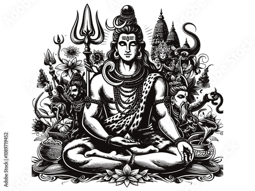 Lord Shiva silhouette with white Background 