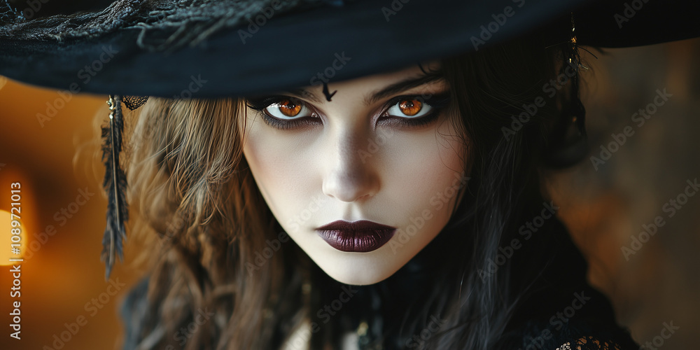 Fototapeta premium Czarownica w pełnym stroju, z kapeluszem o szerokim rondzie i mrocznym uśmiechem.