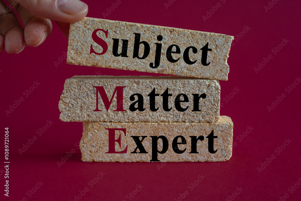 SME, subject matter expert symbol. Concept words SME, subject matter expert on brick blocks on a beautiful pink background. Businessman hand. Business concept.