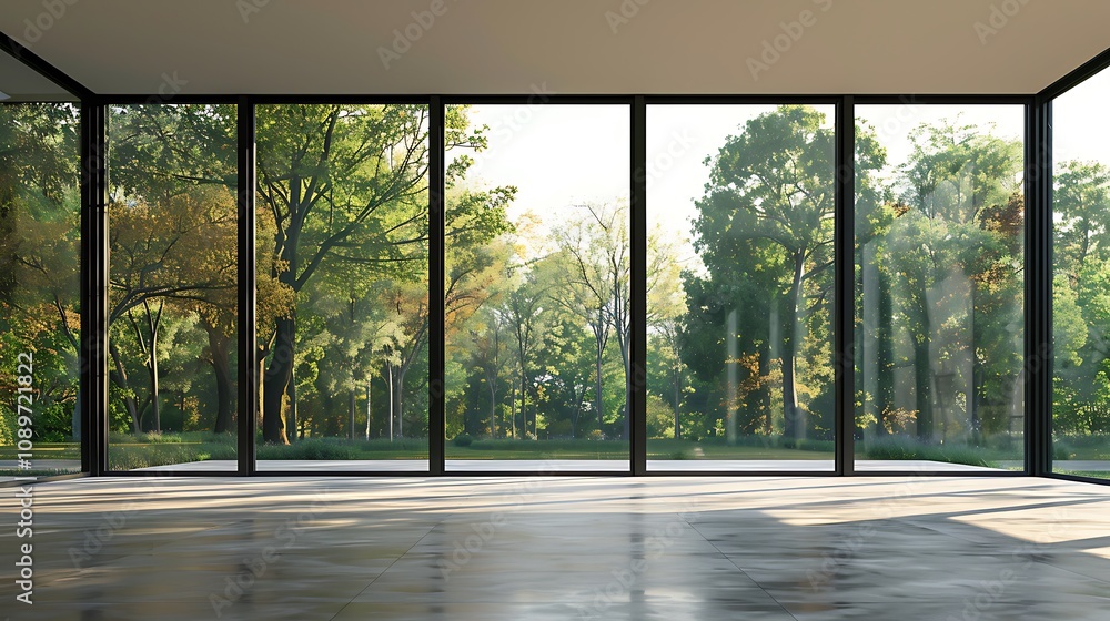 Naklejka premium A modern interior space with large glass windows showcasing a vibrant outdoor landscape.