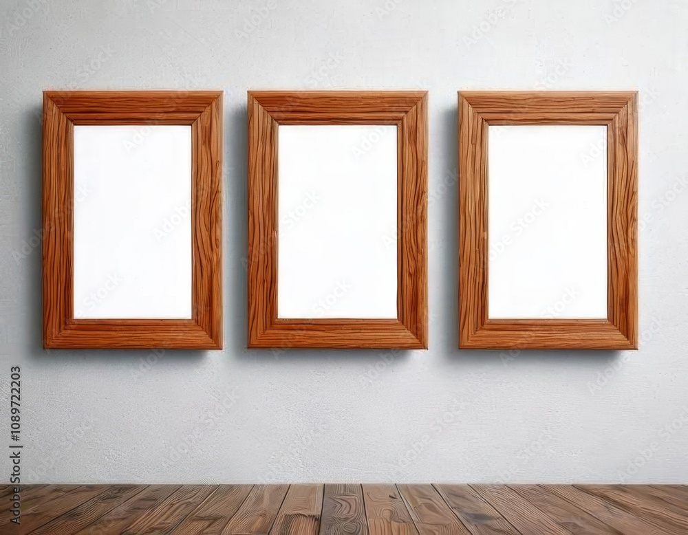 empty wooden picture frames with blank white canvases hanging on the wall, empty space in the middle of each frame for text or design to be placed inside. empty wooden picture frames with blank white canvases hanging on the wall, empty space in the middle of each frame for text or design to be placed inside.