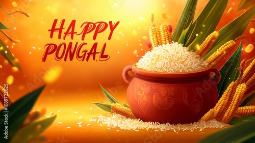 Happy Pongal Festival background with colorful sweet rice, millet, and corn leaves in a clay pot illustration. Text "HAPPY PONGAL" for an anime-style illustration, colorful and vibrant colors. Tamil, 