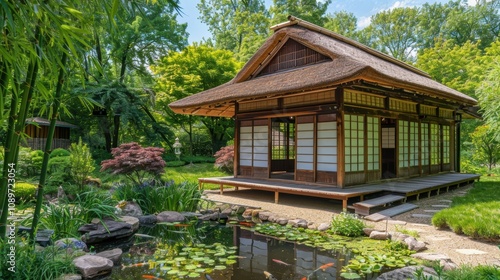 Japanese Tea House with Bamboo Architecture in Serene Garden Setting for Tranquil Retreat Design