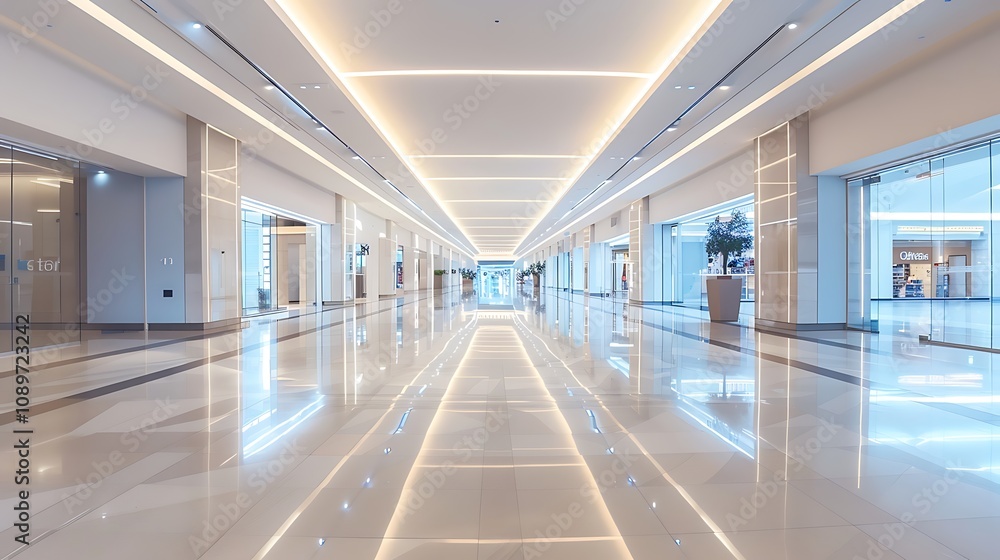 Fototapeta premium A modern, spacious corridor with bright lighting and polished floors, designed for shopping or leisure activities.