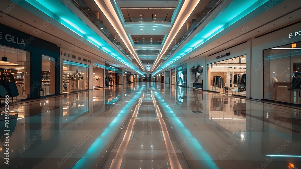 Fototapeta premium A modern shopping mall corridor with sleek lighting and reflective floors, showcasing retail spaces.