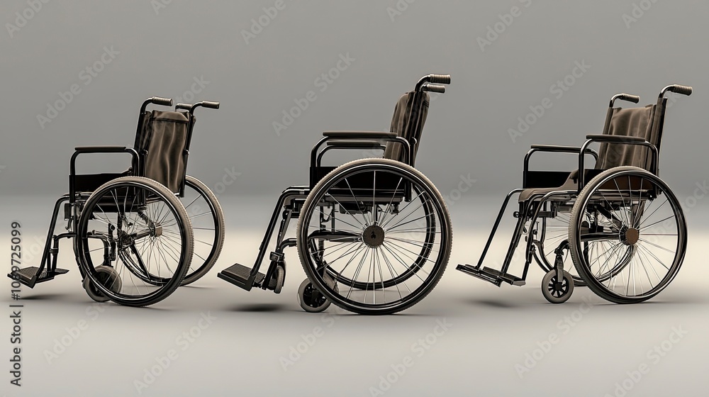 Obraz premium three views,including front biew,side biew,and back view,wheelchair,c4d rending,studio lighting,8K,best picture quality,generative ai