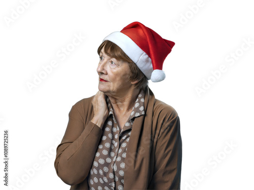 Obraz na płótnie Portrait of elderly beautiful woman with red Santa Claus hat isolated on transparent background, festive people, Christmas w salonie