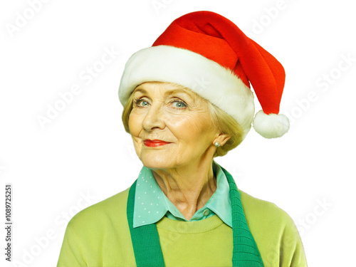 Obraz na płótnie Portrait of elderly beautiful woman with red Santa Claus hat isolated on transparent background, festive people, Christmas w salonie