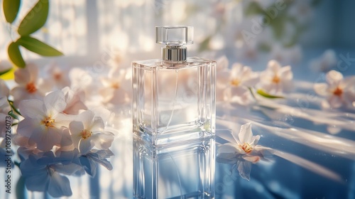 A bottle of perfume is on a table with white flowers photo