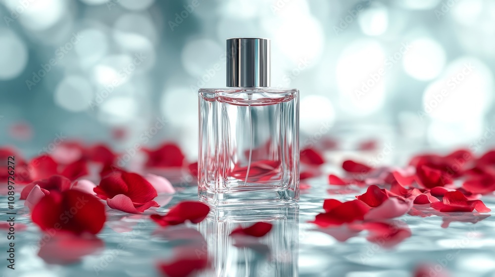 A bottle of perfume is on a table with pink petals scattered around it A bottle of perfume is on a table with pink petals scattered around it
