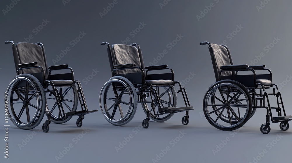 Fototapeta premium three views,including front biew,side biew,and back view,wheelchair,c4d rending,studio lighting,8K,best picture quality,generative ai