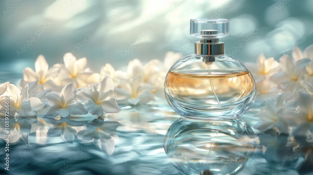 A bottle of perfume is displayed on a table with flowers