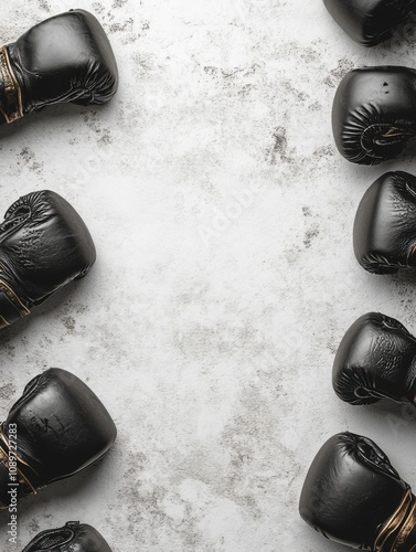 Many black boxing gloves laid out on a table