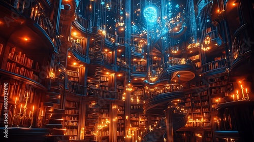 Enchanting spiral library filled with bookshelves, candles, and a glowing orb.