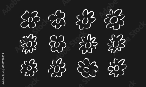 Twelve handwritten stylized flowers. Imitation of chalk or rough brush. White doodles and squiggles on black background. Vector set