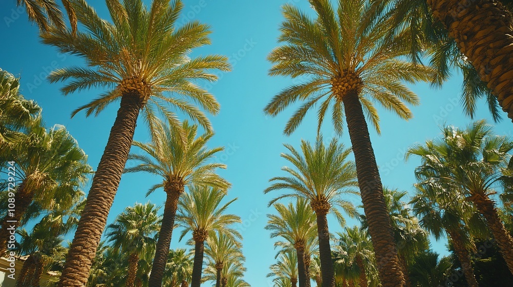 Obraz premium Low angle view of palm trees against a vibrant blue sky.